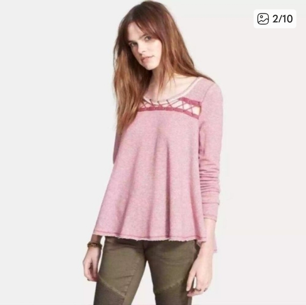 Free People Lacey Love Berry Combo Striped Swing Sweatshirt Sz XS